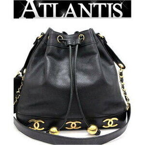 Chanel Triple Coco Mark Drawstring Shoulder Bag Caviar Leather Black